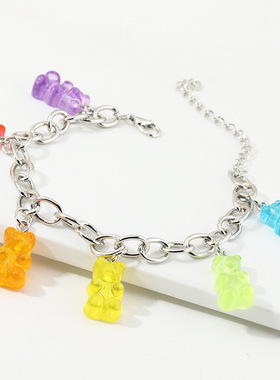 欧美跨境饰品 甜美糖果色小熊吊坠手链 银色粗链条手环首饰配饰