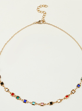 跨境欧美手工链彩色玻璃钻石彩色琉璃女锁骨链时尚项链女首饰配饰
