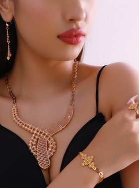 跨境欧美气质项链耳钉手链戒指饰品套装重工复工宫廷风饰品首饰女