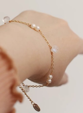 高品质蓝光6月光石诞生石天然淡水珍珠美国14K包金不掉色纤细手链