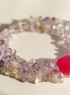 黄紫水晶玫红石英石14k包金项链