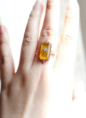 日系轻奢黄水晶色玛瑙大颗粒925银镀金戒指吊坠锁骨链14k包金项链