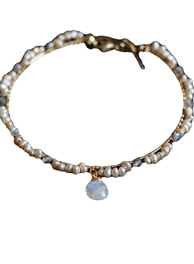 心形水滴6月光石诞生石蕾丝花边14K包金天然淡水珍珠编织手链手镯