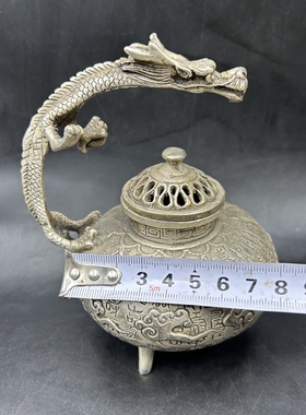 古玩杂项 香炉 百福百寿镀银 龙吐珠香薰炉 家居装饰摆件 铜器