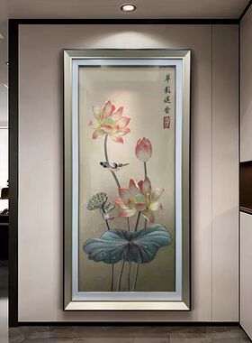 237荷花入户织锦玄关装饰画挂画竖版荷花走廊过道中式刺绣80160