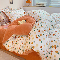 ins winter A face pure cotton B face milk suede 4 pieces of warm coral suede quilt cover Thickened Bed Hat