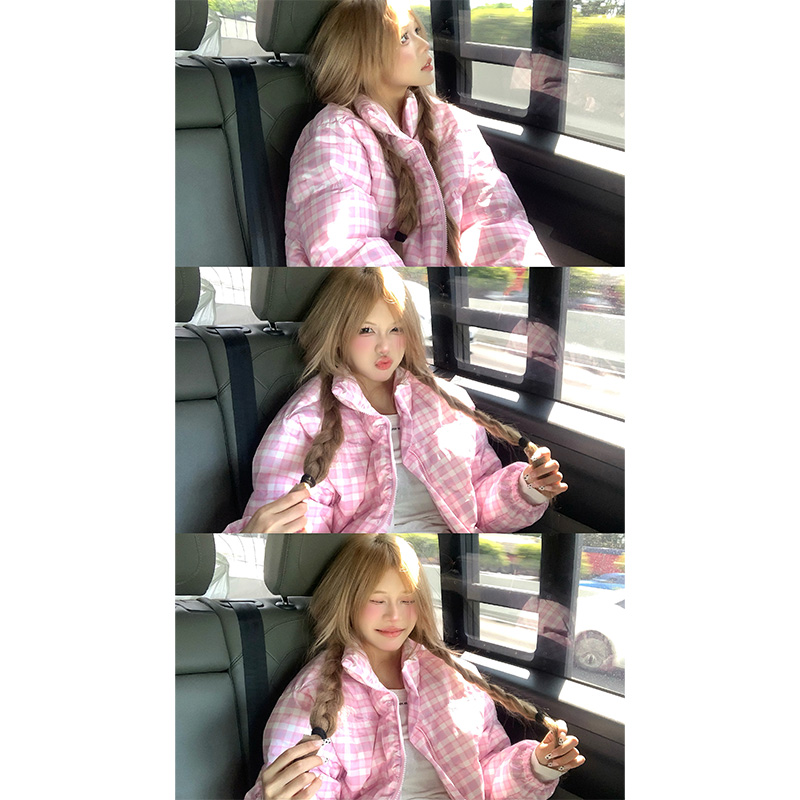 NECOYEP 2025秋冬美式格子立领棉服女短款宽松时尚保暖面包服外套 - 图3