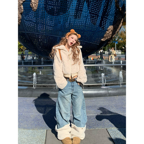 NECOYEP 美式设计感可拆卸摇粒绒腿套加绒弯刀牛仔裤男女宽松长裤 - 图3