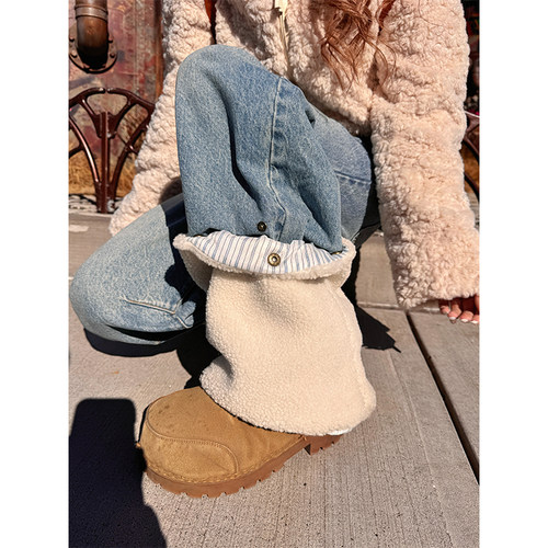 NECOYEP 美式设计感可拆卸摇粒绒腿套加绒弯刀牛仔裤男女宽松长裤 - 图0