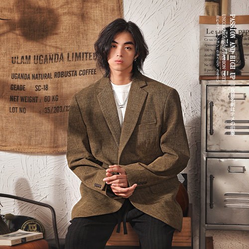 春季休闲西装外套男2024年春秋新款高级感便西服日系复古宽松外套-图1