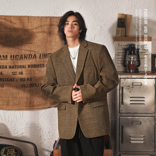 春季休闲西装外套男2024年春秋新款高级感便西服日系复古宽松外套-图3