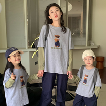 Net Red Kin Costume Spring Autumn Mother Women Clothing Fake two cartoon T-shirts Ocean Han version Autumn Clothing Mother-son Long Sleeve Blouses