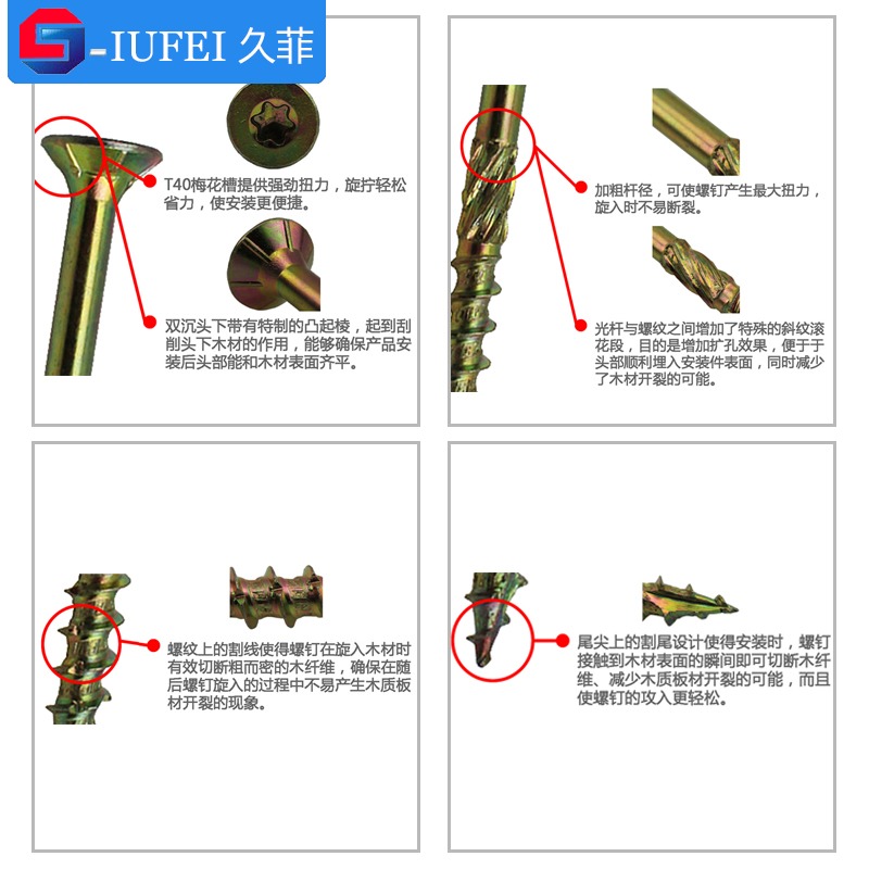 美固滚花沉头割尾纤维板钉内梅花平头加粗加长木螺钉自攻螺丝M6M8