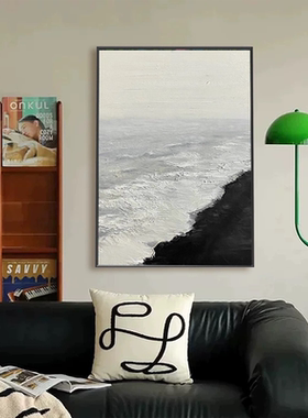 纯手绘油画立体肌理黑白海浪挂画