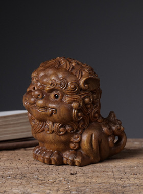 黄杨木雕刻绿檀国风喜狮临门手把件狮子茶宠摆件瑞兽家居博古架装