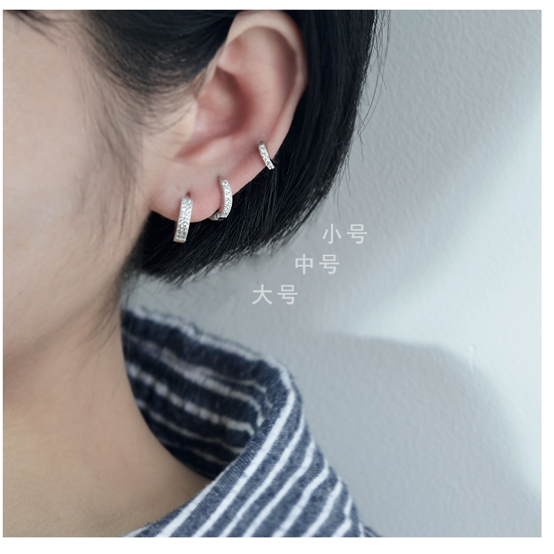 纯银带钻耳圈女气质韩国简约圆环小耳骨环耳圈个性有耳洞耳扣耳环 - 图1