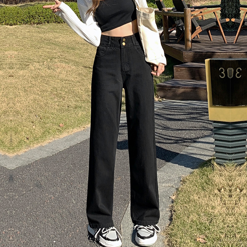 黑色高腰阔腿女2022年春夏装牛仔裤 pstylejeans牛仔裤