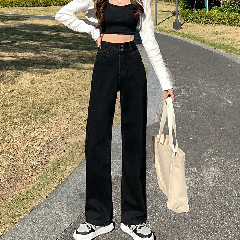 黑色高腰阔腿女2022年春夏装牛仔裤 pstylejeans牛仔裤