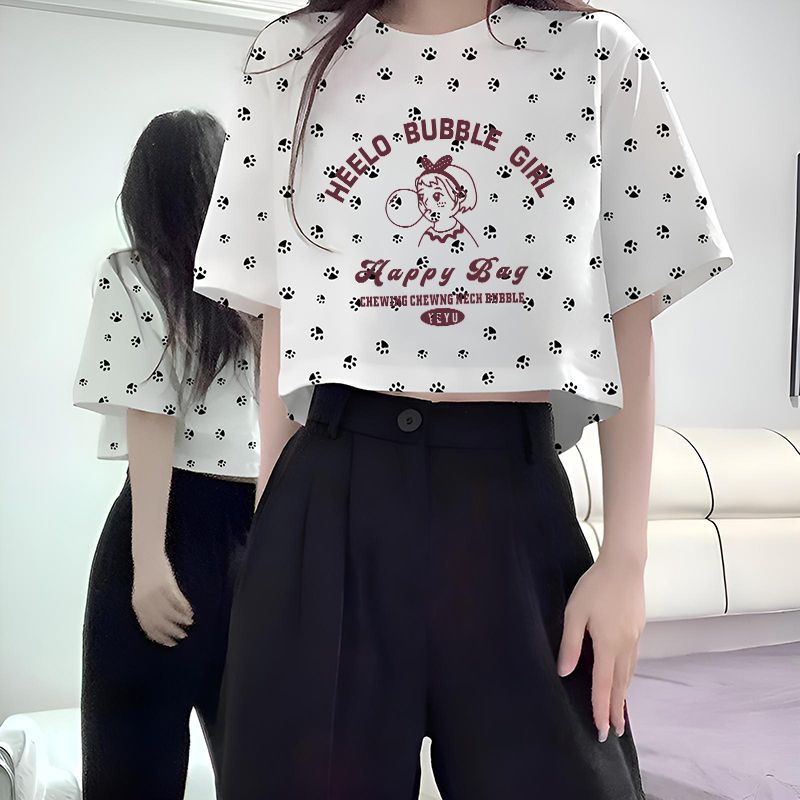 短款上衣设计感ins小众2025年新款高腰纯棉短袖t恤女款落肩夏百搭 - 图1