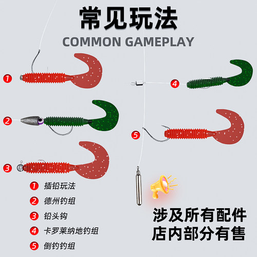 路亚T尾软饵铅头钩倒钓浮水假饵钓鲈鱼鳜鱼翘嘴海钓螺纹卷尾假饵 - 图3