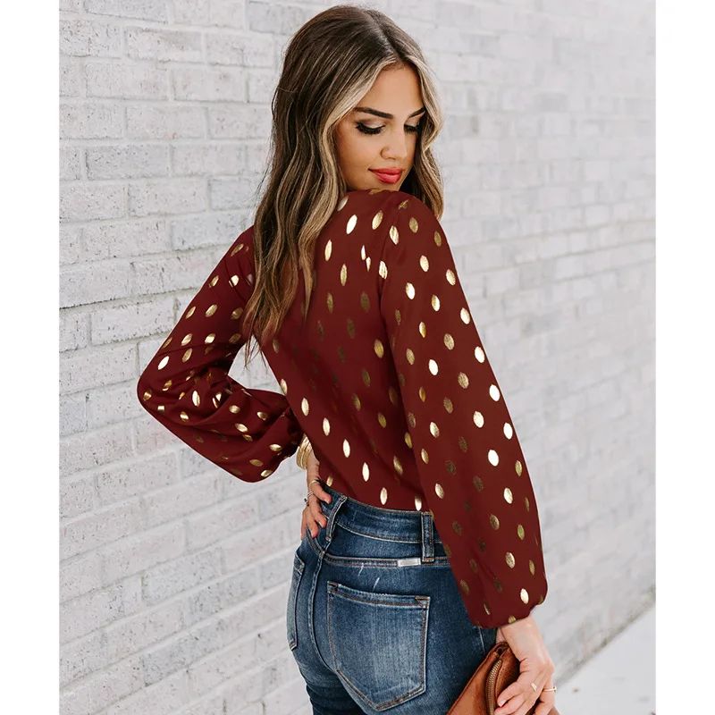 Red Polka Dot Women Shirts Formal Work Ladies Blouses Cotton - 图1