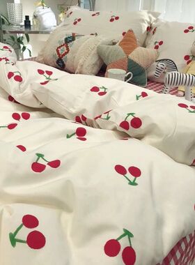 Romantic Cherry Heart Duvet ver Set Flat Sheet Pillowcases F
