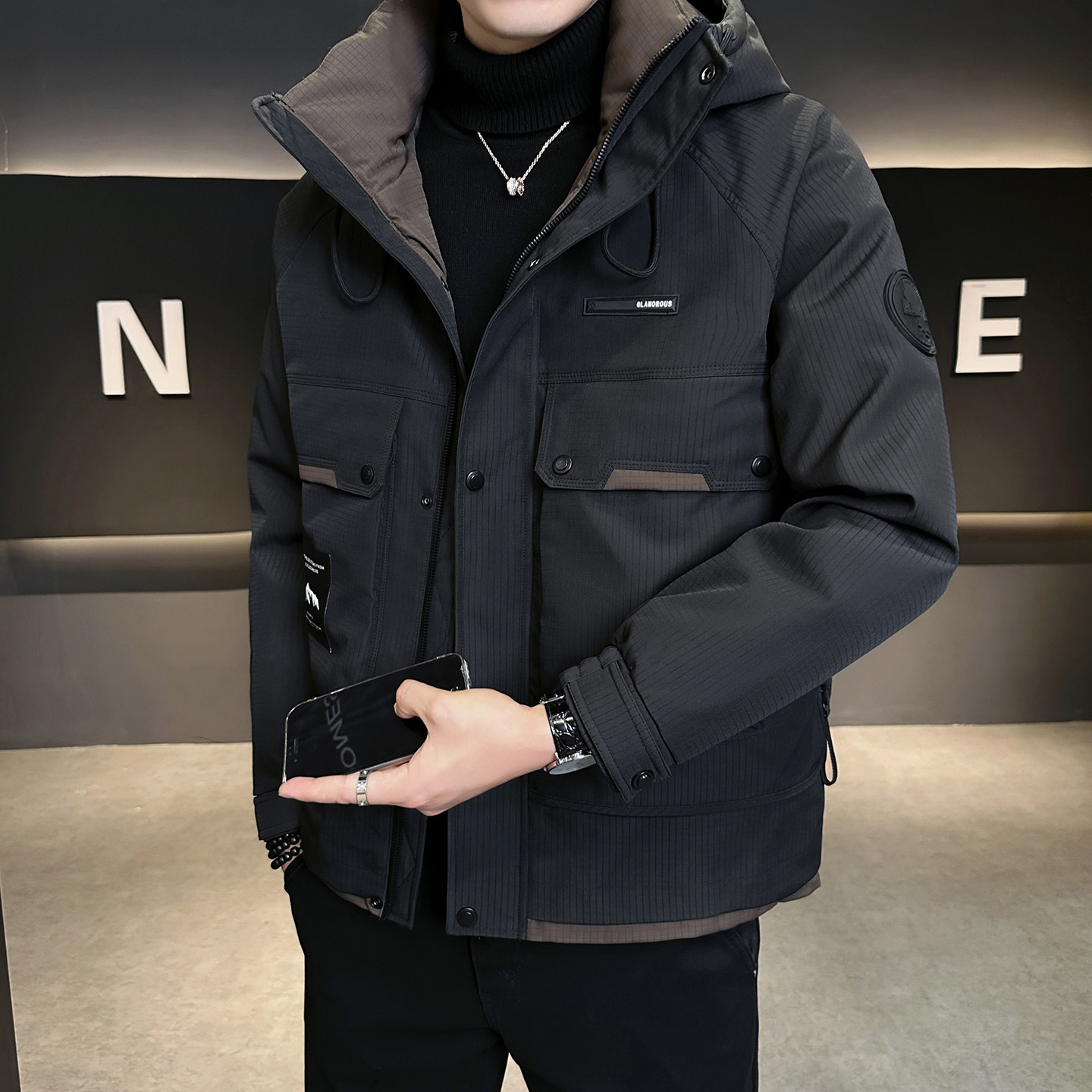 短款羽绒服男冬季加厚2025新款潮牌冬天拼色多口袋白鸭绒休闲外套,淘宝优惠券,粉丝福利购,淘宝优惠卷