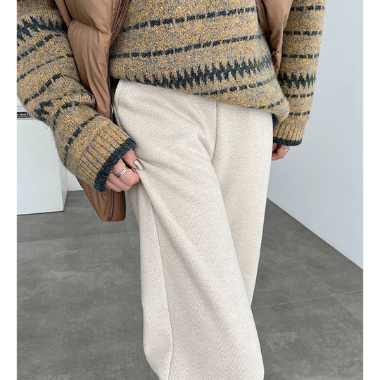 Autumn and winter style plush thickened herringbone wool wide-leg pants