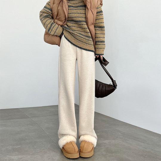 Autumn and winter style plush thickened herringbone wool wide-leg pants