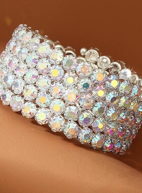 女孩欧美百搭时尚AB彩色水晶饰品开口手镯舞蹈演出缠绕宽手环手饰