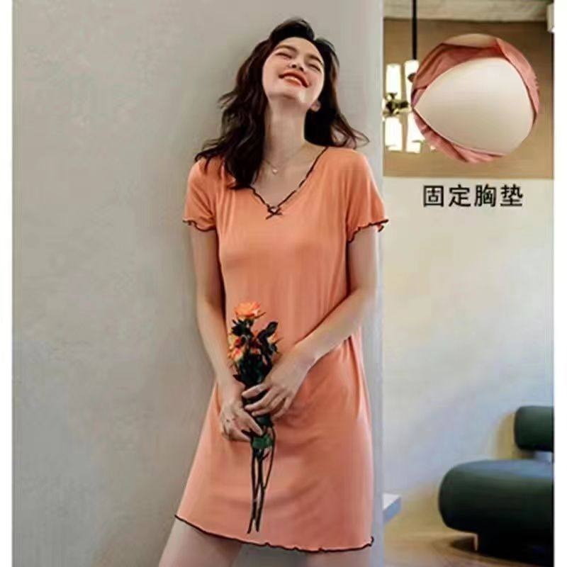 自带胸垫V领木耳边2023睡裙短袖睡衣女士夏季纯色大码性感家居服,淘宝优惠券,粉丝福利购,淘宝优惠卷