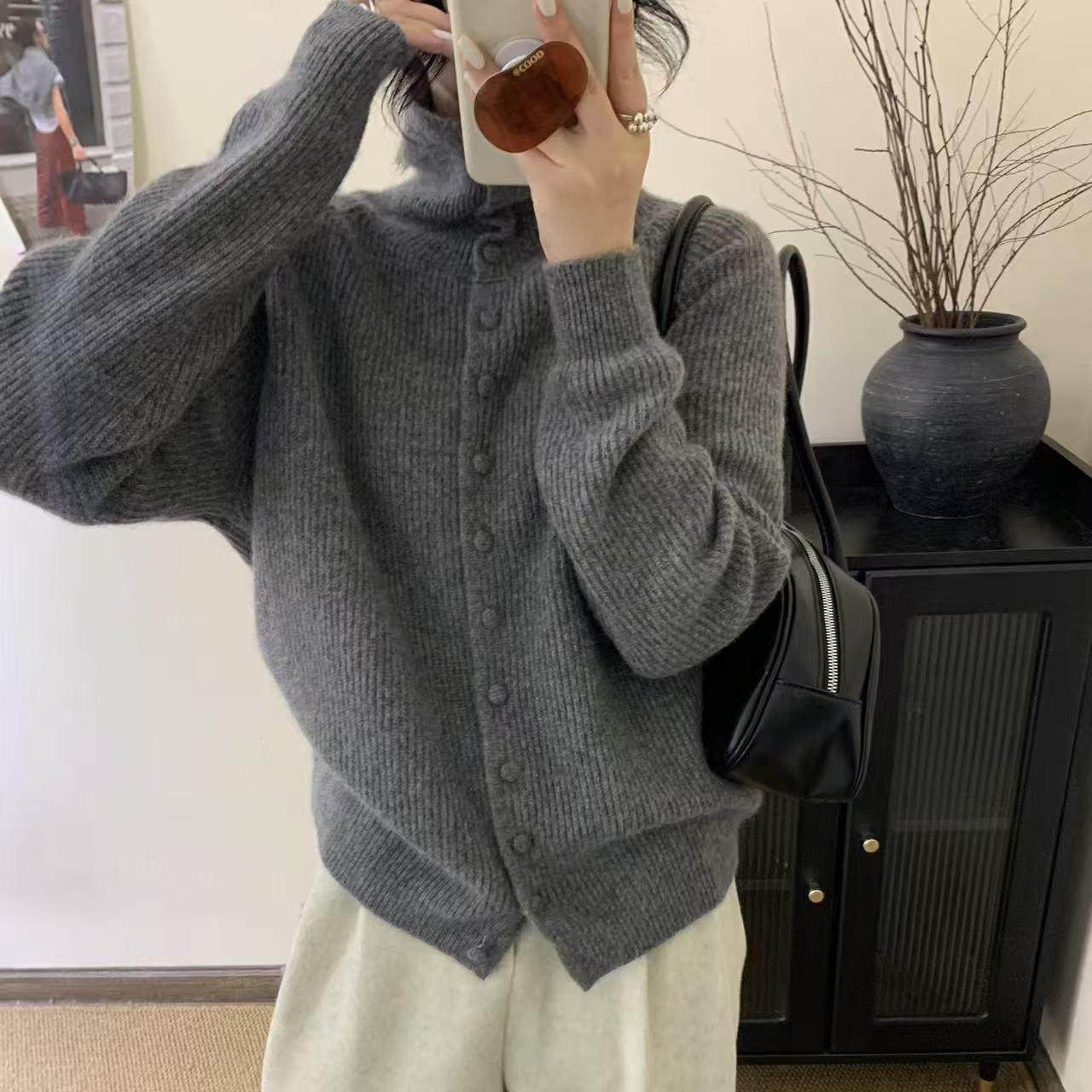 Women's blue pit striped turtleneck covered button knitted cardigan sweater