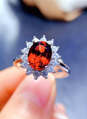 天然石榴石戒指女正品纯银镶红色宝石活口指环精致时尚送妈妈礼物