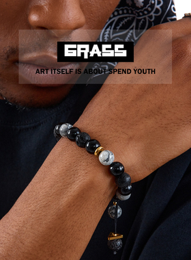 黑曜石圆手链男嘻哈高级感手串欧美潮女款潮饰品情侣手串气质百搭