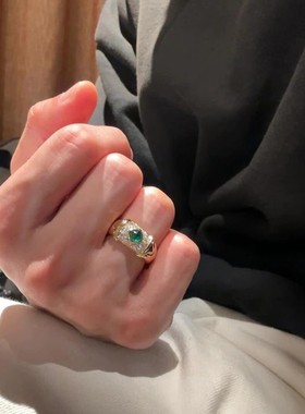 轻奢复古风祖母绿锆石戒指女小众设计镶钻开口戒指环高级感食指戒