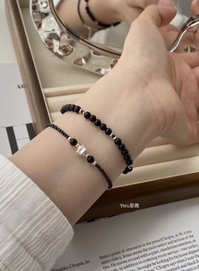 Yelu原创小众设计天然黑玛瑙手链s925银复古串珠手串简约百搭手饰