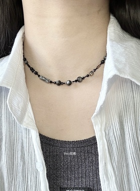 Yelu原创设计「夭玥」银曜石黑尖晶黑色新中式轻复古串珠项链手链
