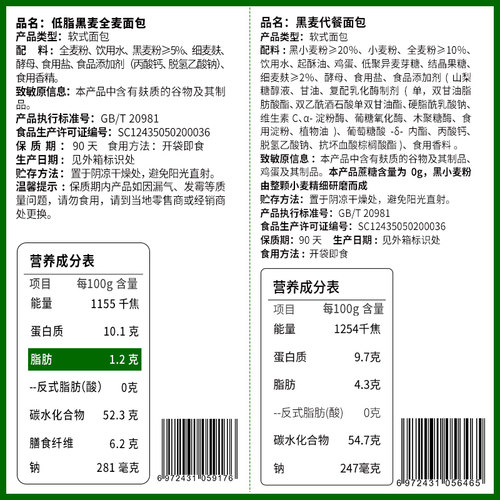 0脂肪黑麦全麦面包无糖精粗粮低脂代餐饱腹主食品早餐整箱吐司片-图1