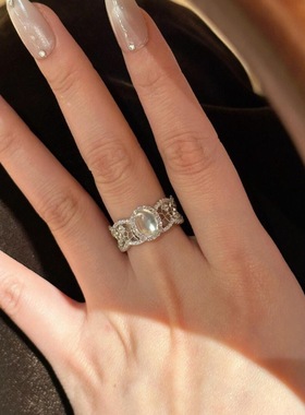 国风水沫玉蕾丝镂空蛋面戒指