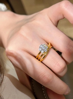 法式复古轻奢三环爆闪花朵戒指