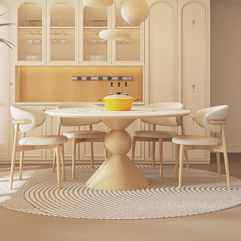 电磁炉圆桌内嵌电动转盘带暖菜板家用原木奶油风圆形实木岩板餐桌,淘宝优惠券,粉丝福利购,淘宝优惠卷