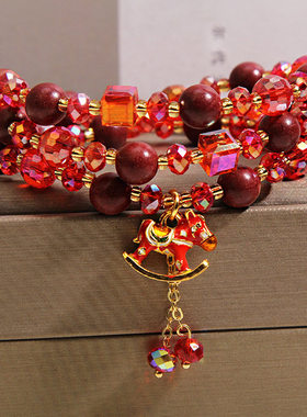 2026马年本命年红色水晶手链多层合香珠手串马上有钱招财转运手饰