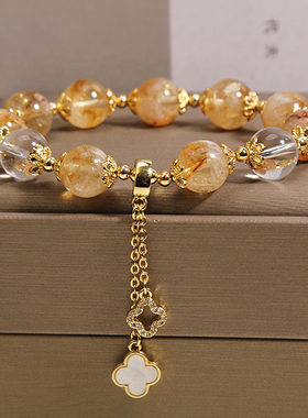 天然黄塔晶手链女款招财转运四叶草吊坠轻奢小众高级感金发晶手串