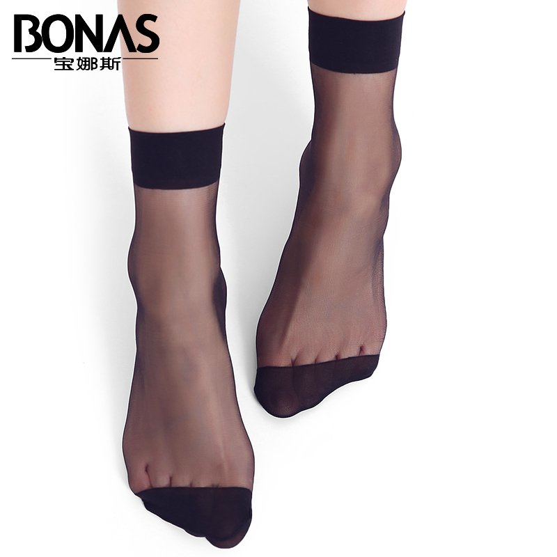 bonas宝娜斯专卖店宝娜斯10双丝袜女黑色隐形薄款短款袜子批发中筒水晶丝透气短袜夏1