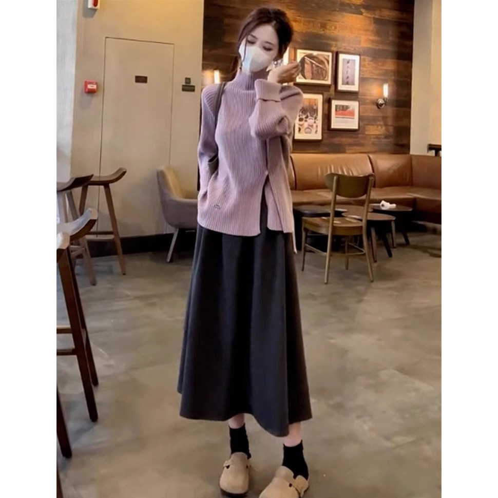 孕妇连衣裙套装秋冬2026新款紫色半高领显瘦针织毛衣半身裙两件套,淘宝优惠券,粉丝福利购,淘宝优惠卷