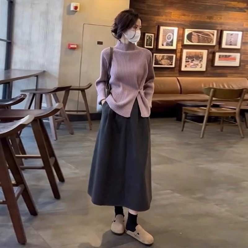 孕妇连衣裙套装秋冬2026新款紫色半高领显瘦针织毛衣半身裙两件套,淘宝优惠券,粉丝福利购,淘宝优惠卷