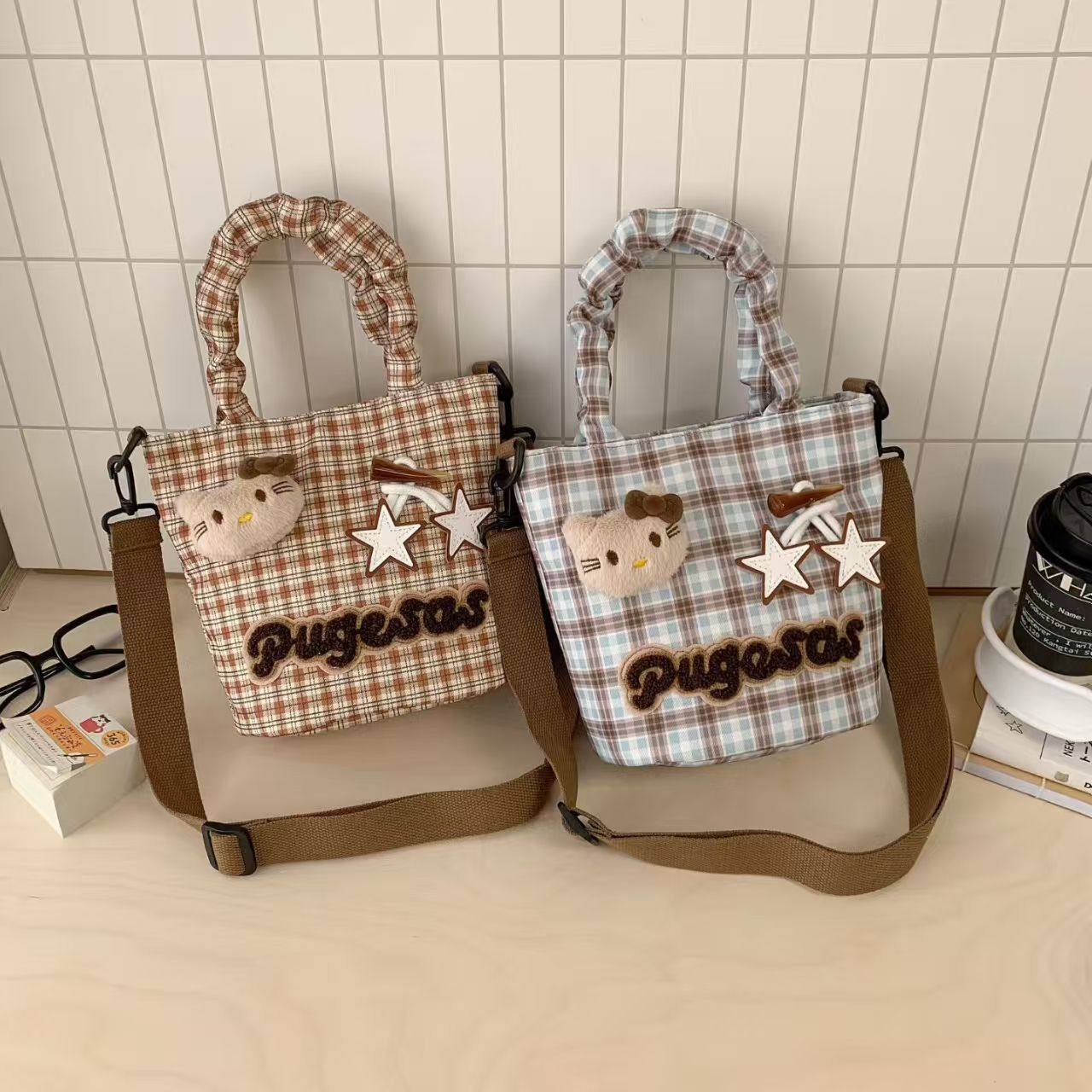 格纹包包女潮流时尚百搭单肩斜挎包高级感水桶包大容量学生研学包,淘宝优惠券,粉丝福利购,淘宝优惠卷