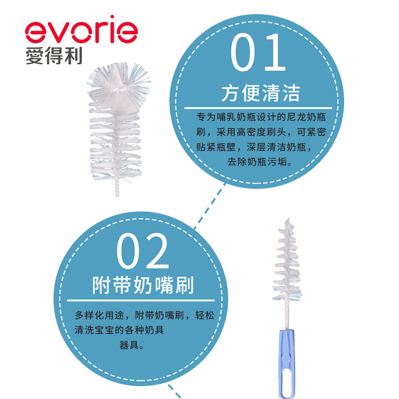 爱得利婴儿奶瓶刷2件套装清洗刷 奶嘴刷宝宝洗奶瓶尼龙刷子吸管刷