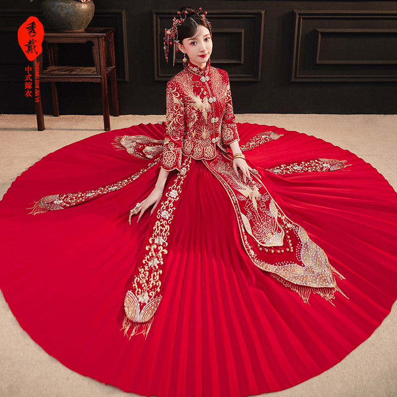 秀戴旗舰店秀禾服新款结婚显瘦夏季薄款女新娘礼服婚纱中式中国风出阁服2