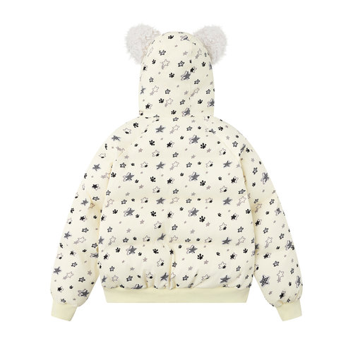 文文不乖原创卡通星星满印可爱耳朵毛领连帽棉服女秋冬保暖面包服 - 图3